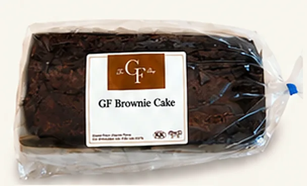 GF Brownie Cake in a clear bag with The GF Shop label